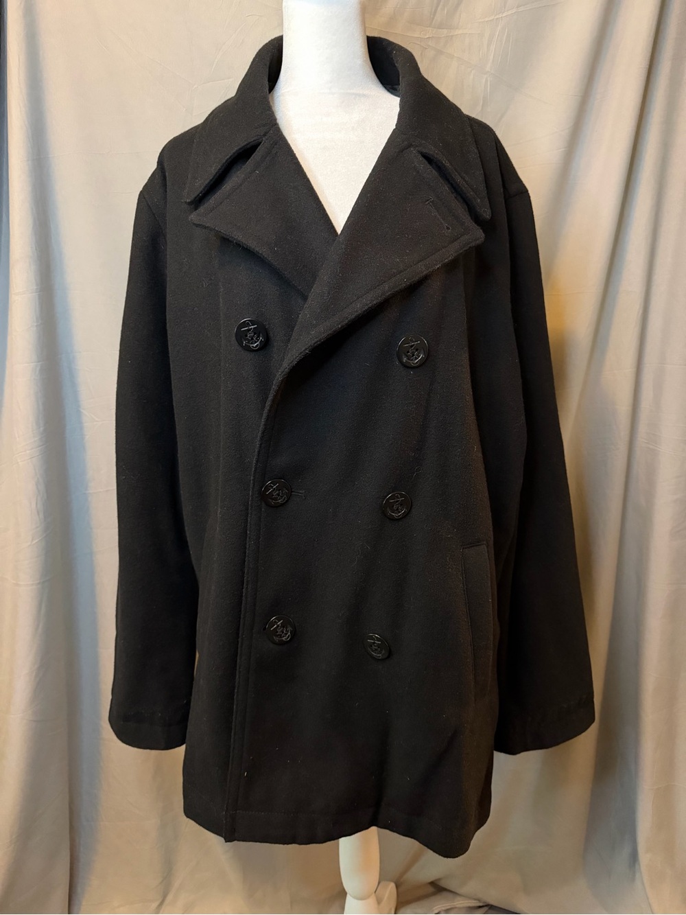 Old Navy Black Double-Breasted Pea Coat, hole in left pocket, sz L